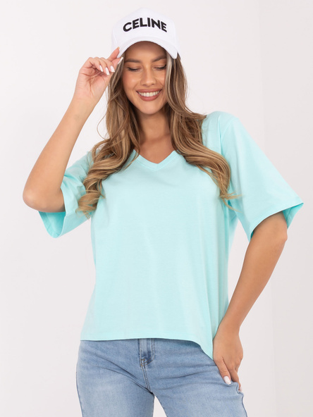 Miętowy damski t-shirt oversize z bawełny RUE PARIS