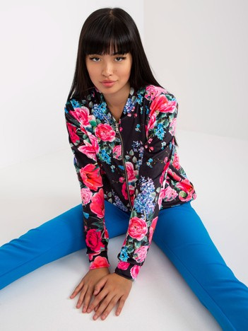 Czarno-różowa welurowa bluza bomberka z printem RUE PARIS