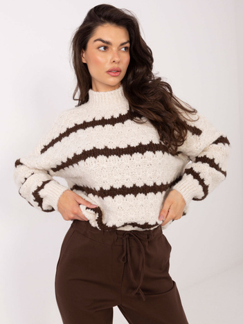 Ecru-brązowy damski sweter oversize w paski