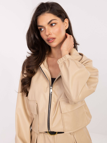 Beżowa skórzana kurtka ze ściągaczami RUE PARIS