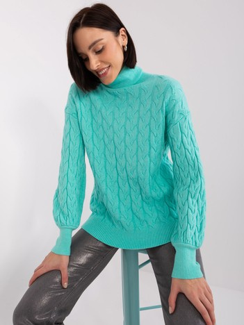 Miętowy damski sweter golf ze ściągaczami