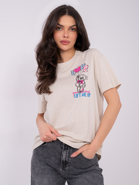 Jasnobeżowy damski t-shirt z napisami SUBLEVEL