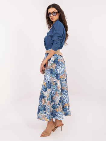 Ciemnoniebieska rozkloszowana spódnica w kwiaty