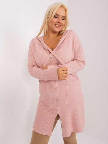 Jasnoróżowy długi sweter plus size z kapturem