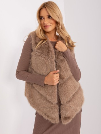 Ciemnobeżowa futrzana kamizelka z kieszeniami