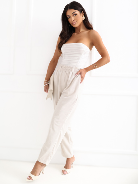 Jasnobeżowe sztruksowe spodnie z talią paper bag RUE PARIS