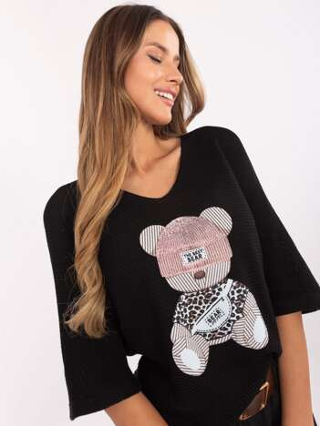 Czarny damski sweter oversize z nadrukiem misia