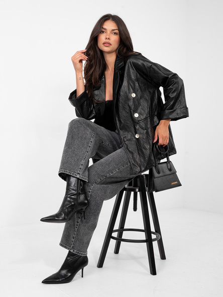 Czarna dwurzędowa marynarka z ekoskóry RUE PARIS