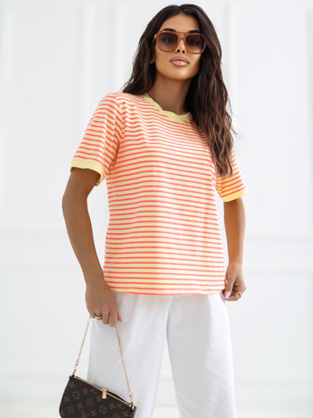 Fluo różowo-żółty bawełniany t-shirt w paski RUE PARIS