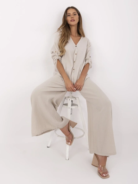 Beżowe muślinowe spodnie damskie z bawełny