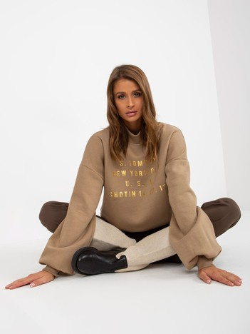 Ciemnobeżowa dresowa bluza z nadrukiem i szerokim rękawem