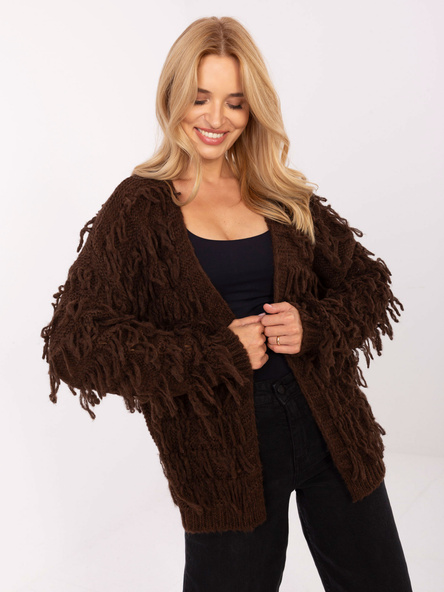 Brązowy damski kardigan z frędzlami RUE PARIS