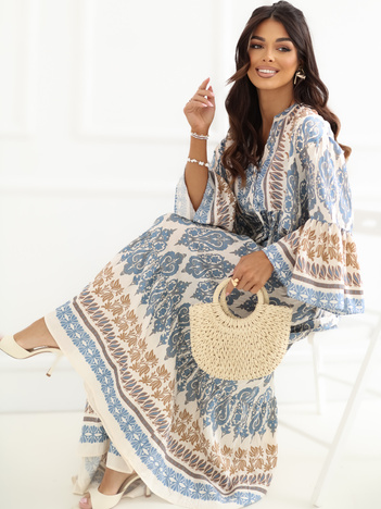 Niebieska maxi sukienka z rozkloszowanymi rękawami