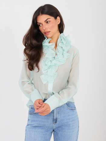 Jasnomiętowa półprzezroczysta koszula z żabotem