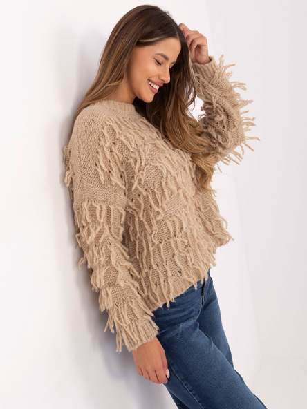 Beżowy sweter oversize z frędzlami RUE PARIS