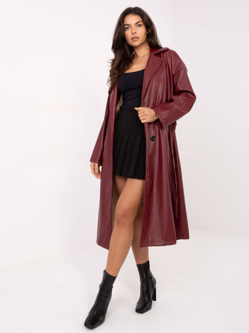 Bordowy długi płaszcz z ekoskóry RUE PARIS