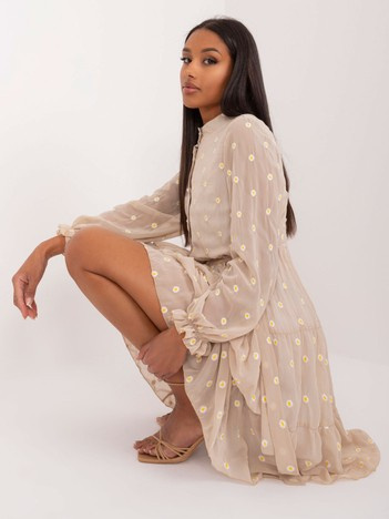 Beżowa rozkloszowana sukienka koktajlowa w kwiaty