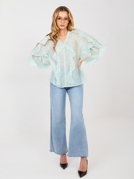 Jasnomiętowa koszula z bufiastym rękawem