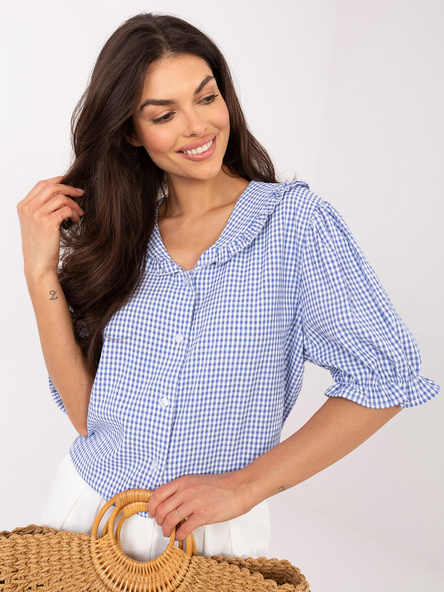 Niebieska casualowa koszula damska w kratkę z falbaną i bufiastym rękawem