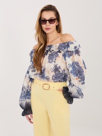 Ciemnoniebieska zwiewna bluzka hiszpanka w kwiaty