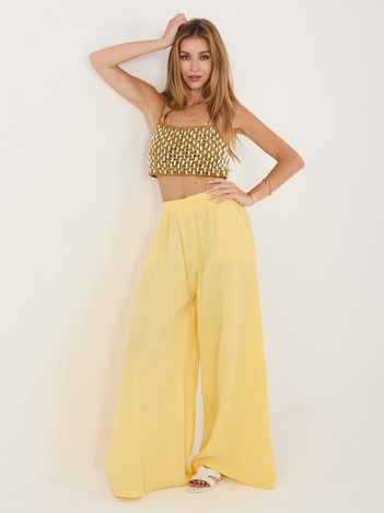 Jasnożółte muślinowe spodnie z szeroką nogawką