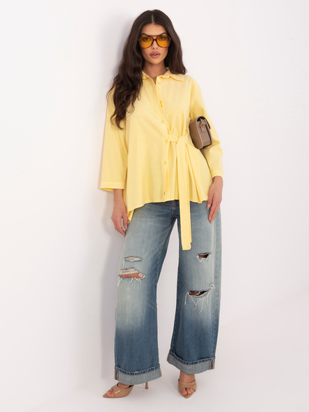 Jasnożółta sztruksowa koszula damska z wiązaniem RUE PARIS