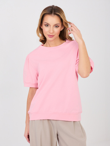 Pastelowa różowa bluzka basic z okrągłym dekoltem RUE PARIS