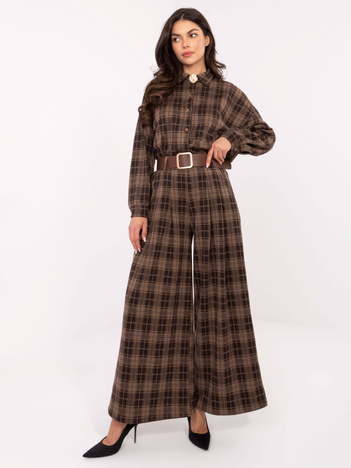 Brązowe szerokie spodnie w kratę