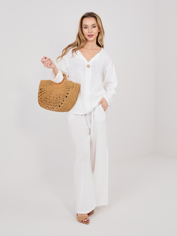 Ecru letnie spodnie z szeroką nogawką