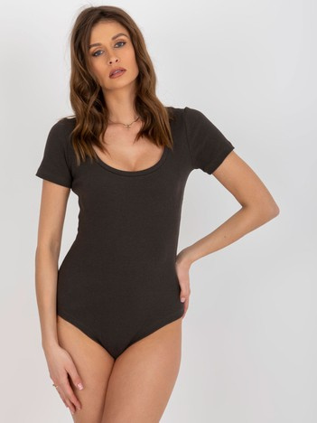 Khaki prążkowane body basic z okrągłym dekoltem