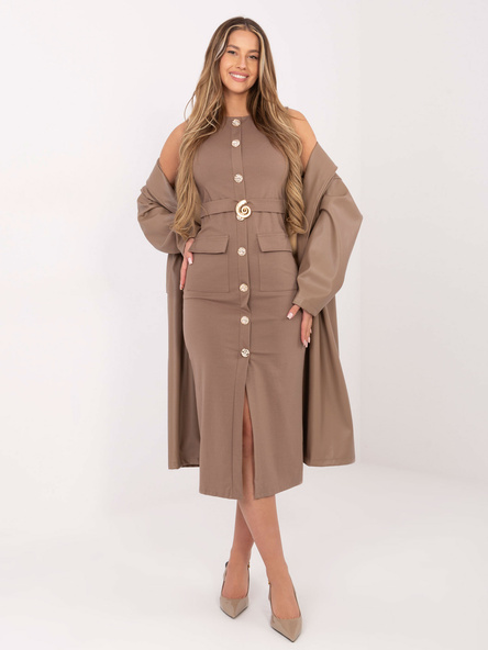 Ciemnobeżowa midi sukienka z ozdobnymi guzikami