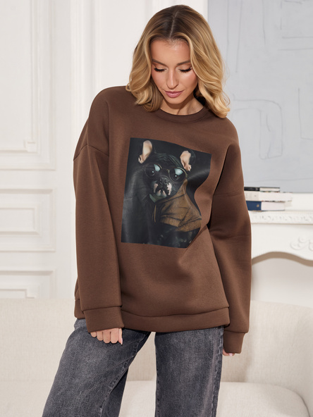 Brązowa bluza z nadrukiem buldoga francuskiego