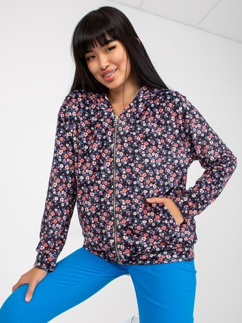Granatowo-różowa welurowa bluza rozpinana w kwiaty RUE PARIS