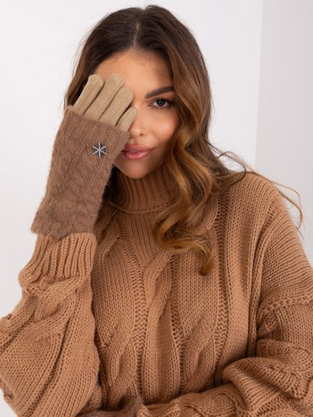 Ciemnobeżowe dotykowe rękawiczki z aplikacją