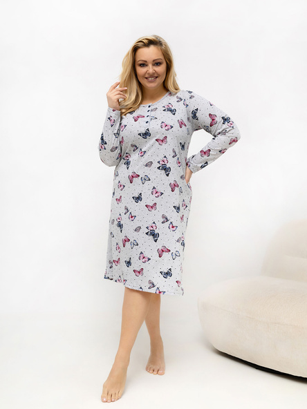 Szara nocna koszula plus size w motyle