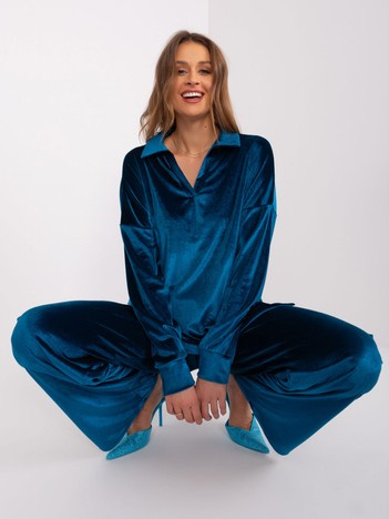 Morski dwuczęściowy komplet welurowy z kołnierzem