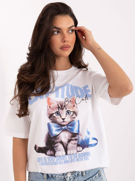 Biało-jasnoniebieski t-shirt z nadrukiem kota FRESH MADE