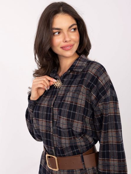 Granatowa damska koszula oversize w kratę z kołnierzykiem