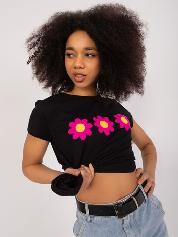 Czarny t-shirt z aplikacją w kwiaty BASIC FEEL GOOD
