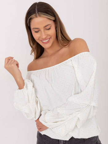 Ecru bluzka hiszpanka z marszczonym rękawem