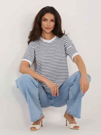 Biało-granatowy t-shirt z okrągłym dekoltem RUE PARIS