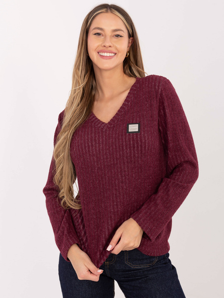 Burgundowy damski sweter z dekoltem V