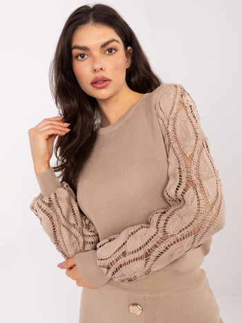 Ciemnobeżowy damski sweter z bufiastymi rękawami