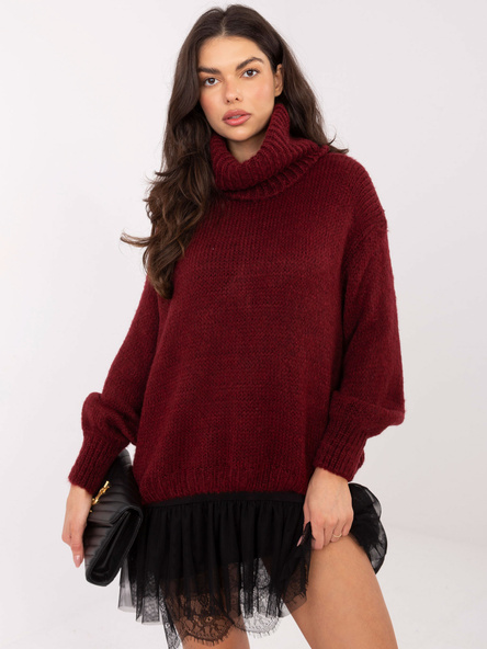 Bordowy damski sweter oversize z golfem