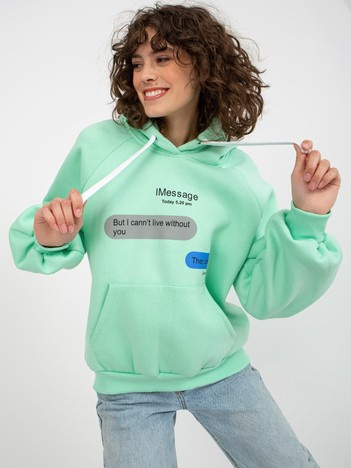 Miętowa dresowa bluza oversize kangurka z nadrukiem
