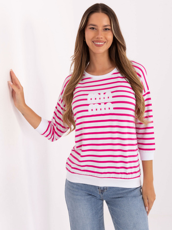 Biało-fuksjowa bluzka z okrągłym dekoltem