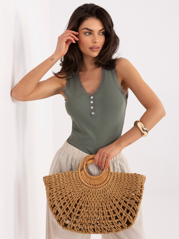 Khaki bawełniany top w prążek