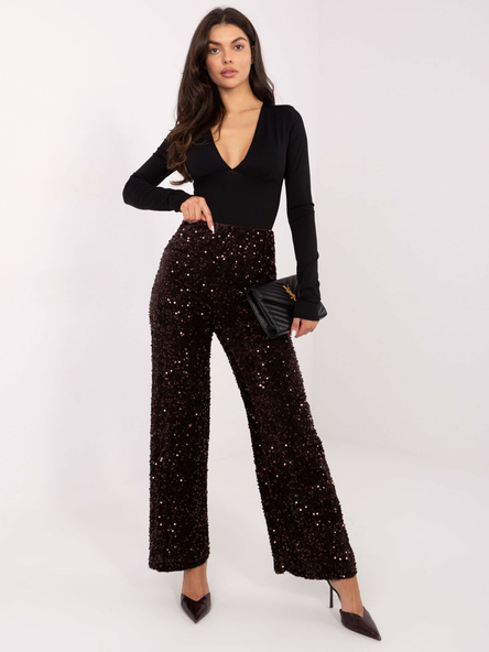 Ciemnobrązowe cekinowe spodnie bez zapięcia
