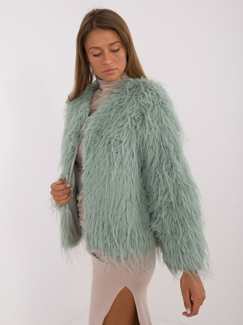 Pistacjowa damska kurtka futrzana z kieszeniami