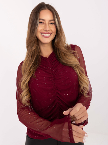 Bordowa drapowana bluzka z aplikacjami